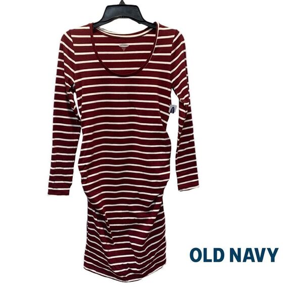 $5 item - NWT Old Navy maternity long sleeve maroon white fitted dress size S - Picture 2 of 14
